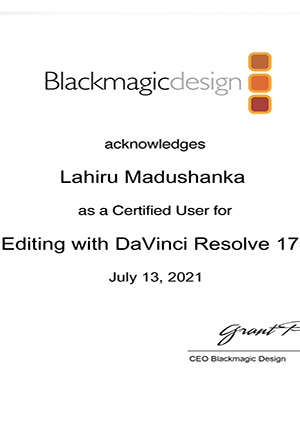 Ackonowledged by BMD as a DaVinci Resolve certified Editor & Colorist